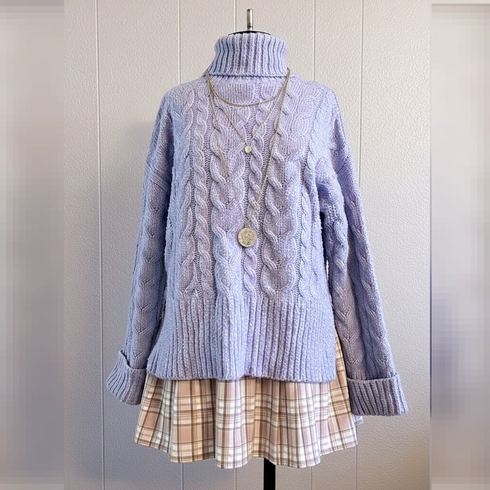 Purple Turtle Neck Chunky Cable‎ knit Sweater Cozy Winter Fall SAMLL Witty Fox